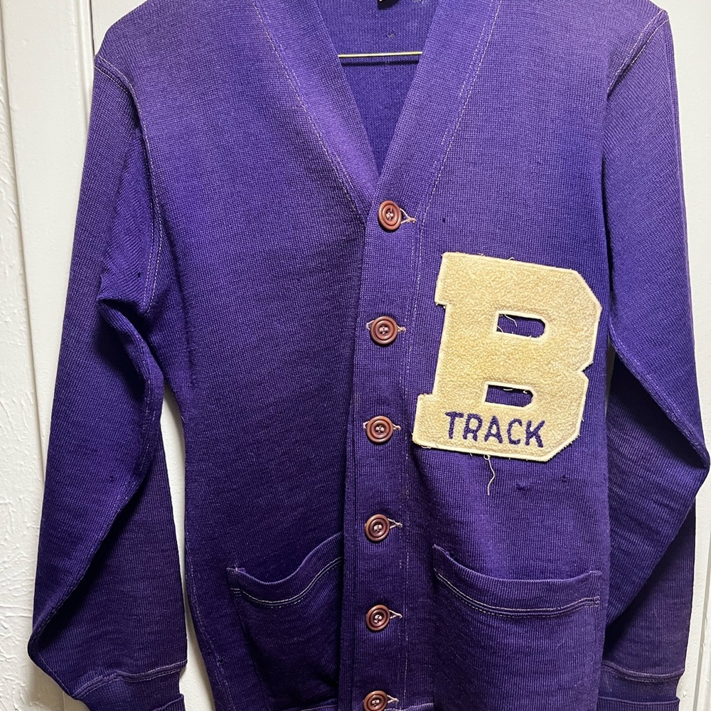 Beaumont High School Track Purple Cream Varsity Cardigan Sweater